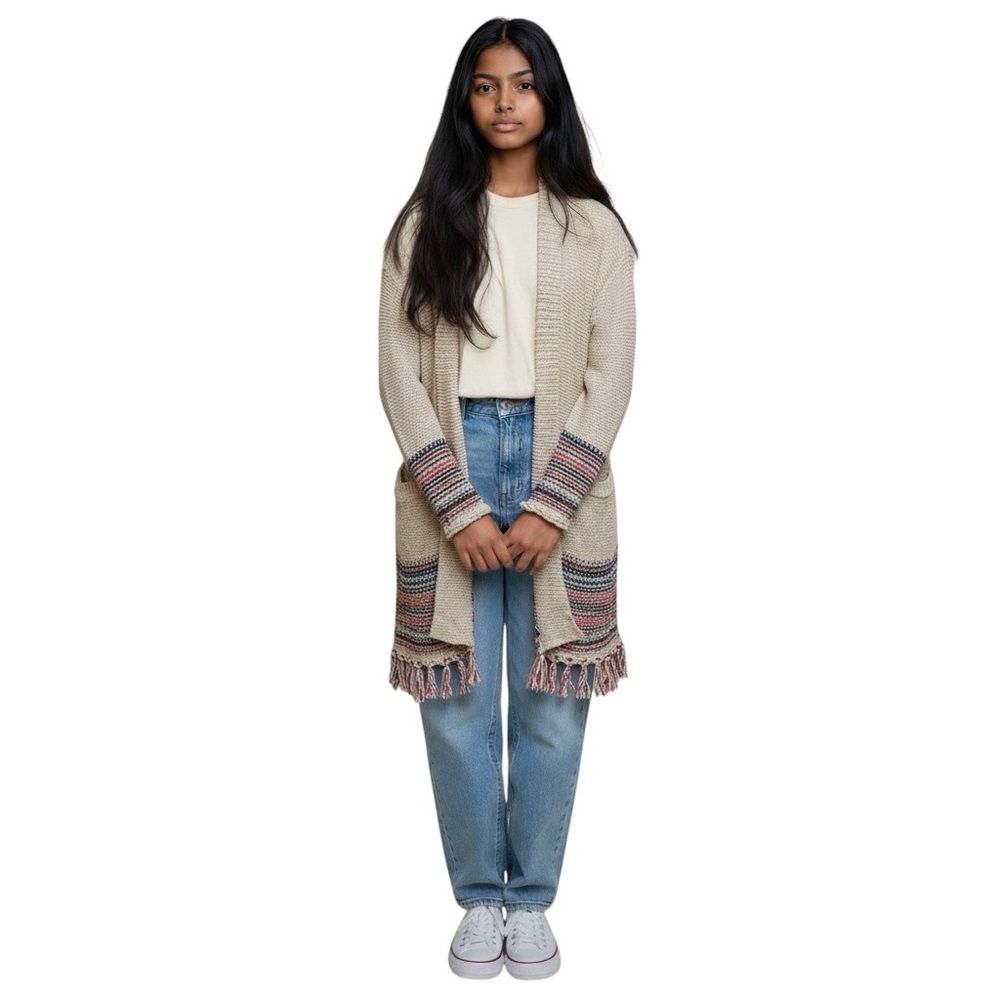 Small  Open Knit Cardigan Sweater with Patterned Cuff and Fringe Trim